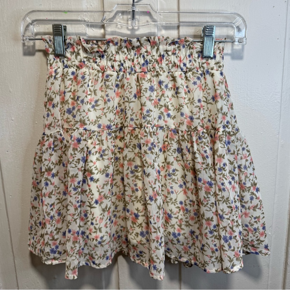 B Jewel Floral Ruffle Mini Skirt XS Cream Pink Boho Cottagecore Elastic Waist